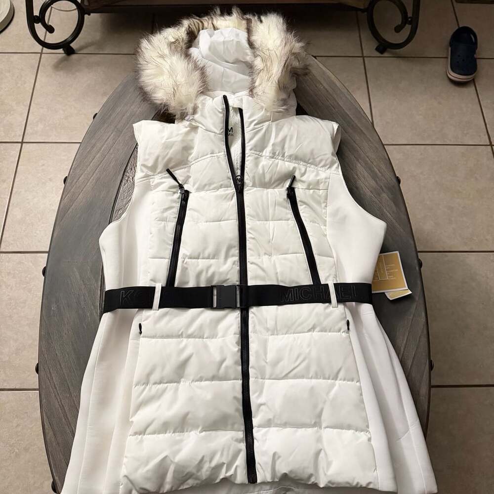 Michael Kors Puffer Vest Size XL White Faux Fur Hooded